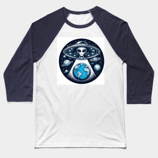 Grey Aliens in a UFO Baseball T-Shirt